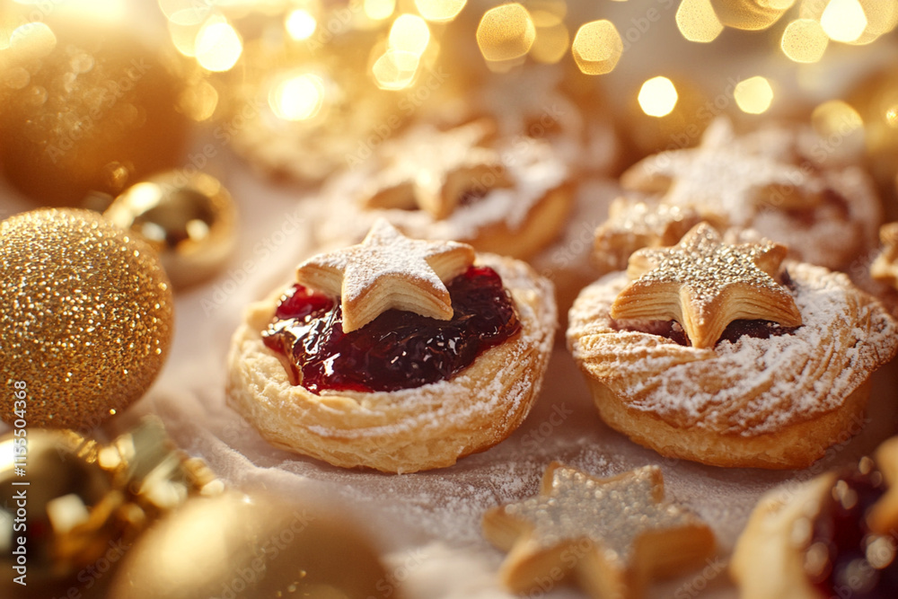 Festive pastries topped with star-shaped cookies and powdered sugar, surrounded by golden decorations and bokeh lights, creating a warm holiday atmosphere Festive pastries topped with star-shaped cookies and powdered sugar, surrounded by golden decorations and bokeh lights, creating a warm holiday atmosphere