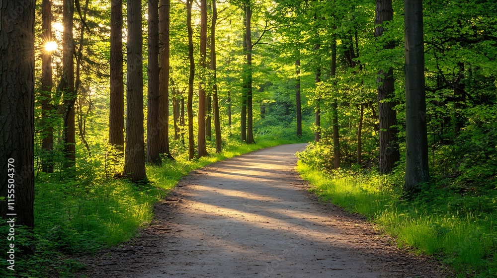 Fototapeta premium Sunlit Forest Pathway with Verdant Trees and Inviting Route : Generative AI