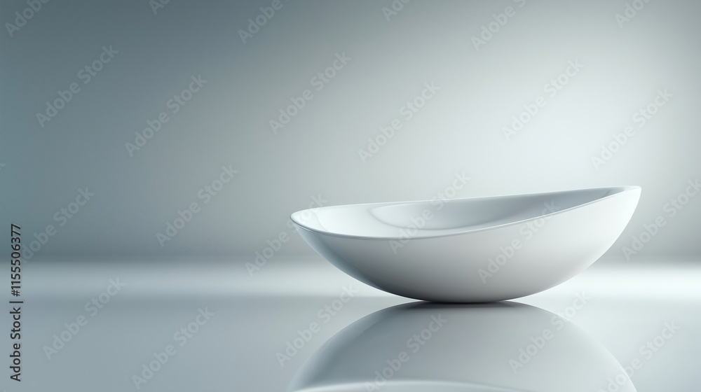A white bowl sits on a white countertop. Background for display your product. Podium mock up for product presentation. A white bowl sits on a white countertop. Background for display your product. Podium mock up for product presentation.