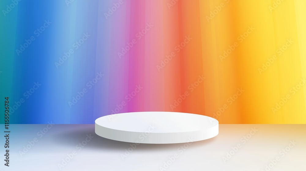 A white pedestal with a rainbow background. Background for display your product. Podium mock up for product presentation. A white pedestal with a rainbow background. Background for display your product. Podium mock up for product presentation.