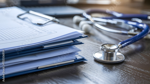 Medical documentation meticulously arranged on a desk, symbolizing the precision and dedication required in healthcare, emphasizing the importance of accurate records and patient care.