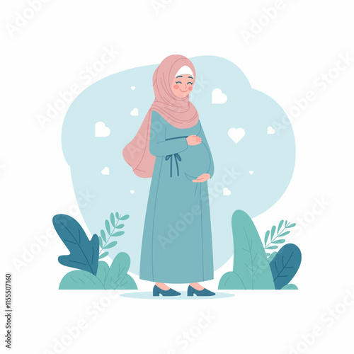 Peaceful Flat Illustration of a Pregnant Muslim Woman Wearing a Hijab Surrounded by Heart Motifs and Nature Elements