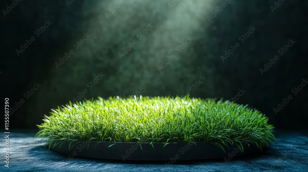 Fototapeta premium Grass-covered podium with glowing edges, placed in a dark minimalist room