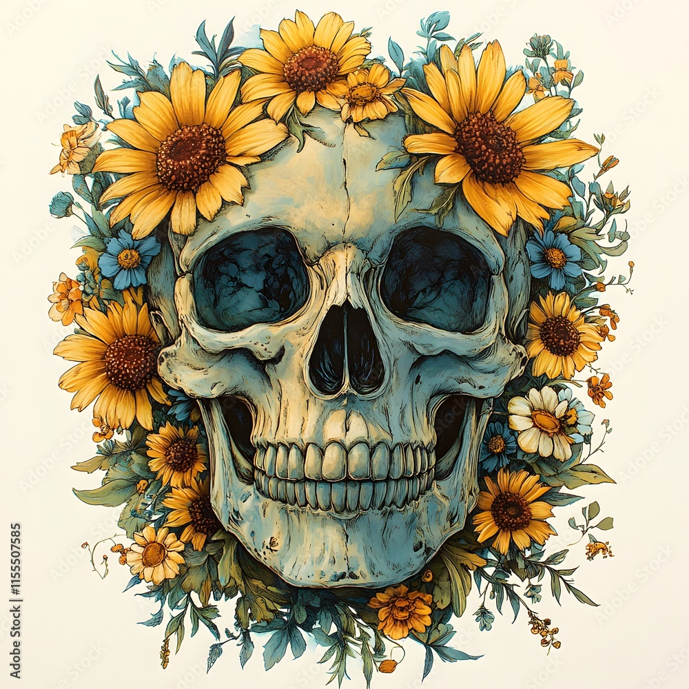 Illustration of a skull adorned with yellow sunflowers, blue wildflowers, and lush greenery in a detailed botanical style Illustration of a skull adorned with yellow sunflowers, blue wildflowers, and lush greenery in a detailed botanical style