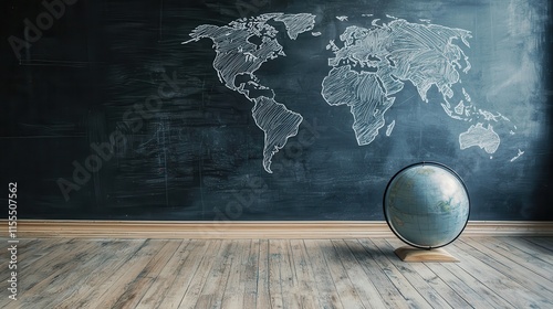 Empty Classroom Space Featuring Chalk Outline of Globe on a Chalkboard with World Map Behind It photo