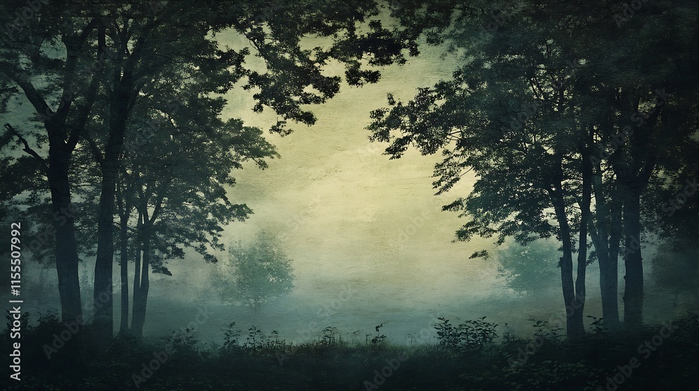 Misty Forest with Silhouetted Trees and Moody Atmosphere at Dawn in Tranquil Woodland : Generative AI Misty Forest with Silhouetted Trees and Moody Atmosphere at Dawn in Tranquil Woodland : Generative AI