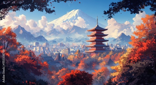 Scenic Autumn Landscape of Japanese Pagoda with Mount Fuji in Background, Colorful Fall Foliage, and Vibrant Sky in a Picturesque Setting