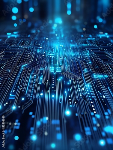 Futuristic Blue Circuit Board with Illuminated Lines in a Digital Landscape : Generative AI