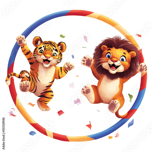 Playful Circus Cubs: A Tiger and Lion's Joyful Hula Hoop Adventure photo