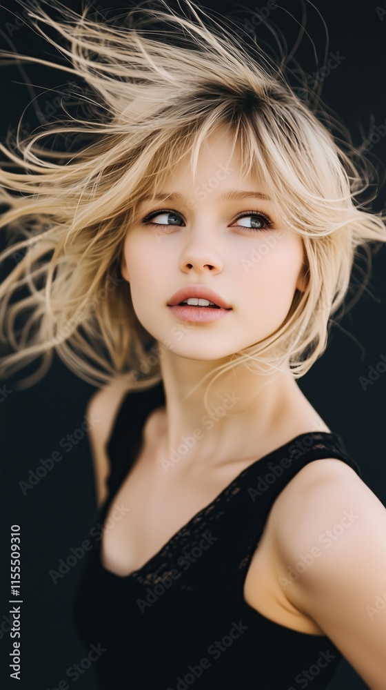 Naklejka premium Blond woman windblown hair looking away camera wearing black top