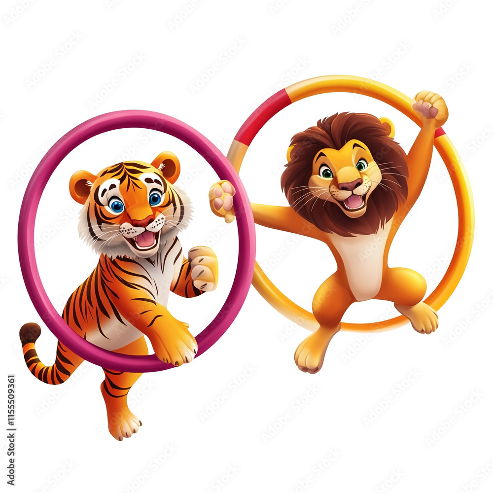Fototapeta premium Playful Circus Animals: A Tiger and Lion Acrobat Duo