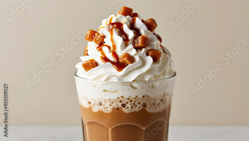 Delicious caramel frappe topped with whipped cream and crunchy caramel bits, drizzled with caramel sauce, served in clear glass against neutral background