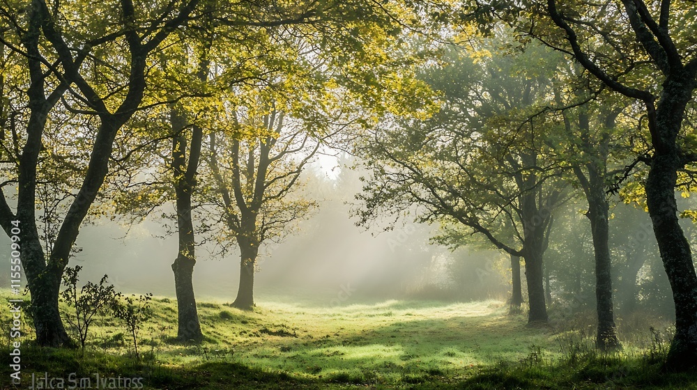 Fototapeta premium Misty Morning Light Through Autumn Forest Trees with Sunbeam Rays : Generative AI