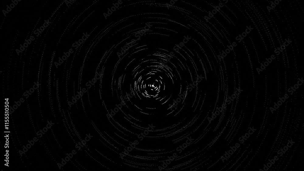Black and white spiral background in the center, digital black background of particles and lines