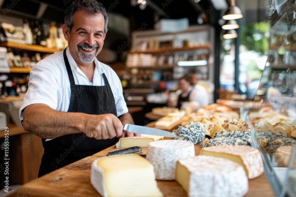 A cheerful cheesemonger smiles while expertly slicing a variety of artisan cheeses, showcasing his expertise and the rich diversity of flavors available at his shop. A cheerful cheesemonger smiles while expertly slicing a variety of artisan cheeses, showcasing his expertise and the rich diversity of flavors available at his shop.
