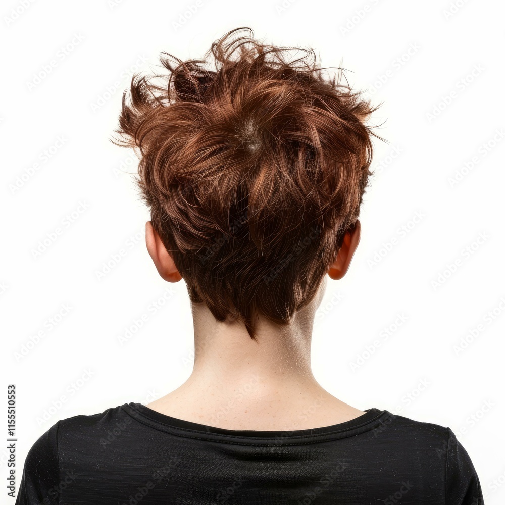 Back view of a young woman with short messy red hair, wearing a black shirt on white background Back view of a young woman with short messy red hair, wearing a black shirt on white background