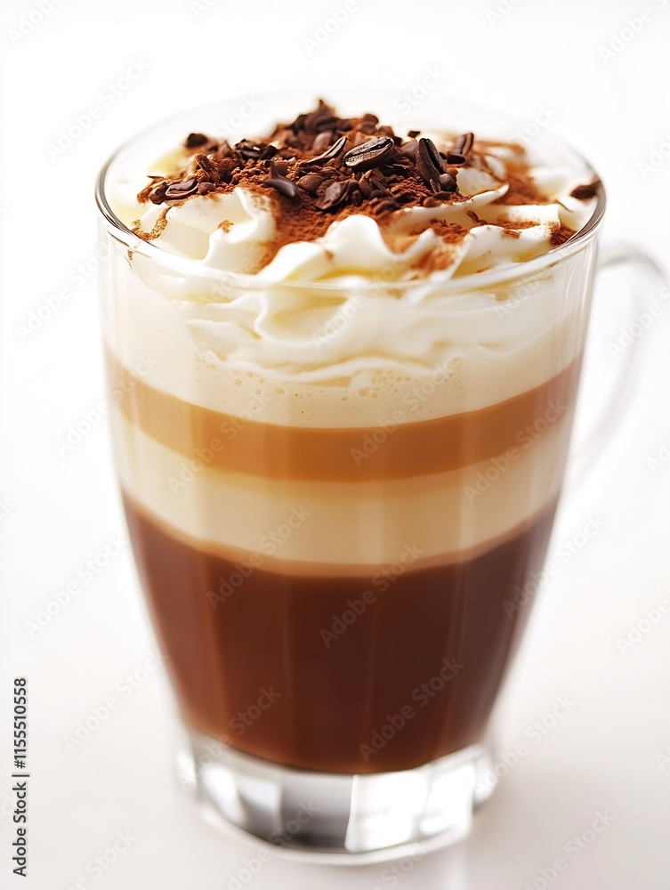 Elegant glass of layered creamy cappuccino topped with whipped cream and chocolate flakes : Generative AI Elegant glass of layered creamy cappuccino topped with whipped cream and chocolate flakes : Generative AI