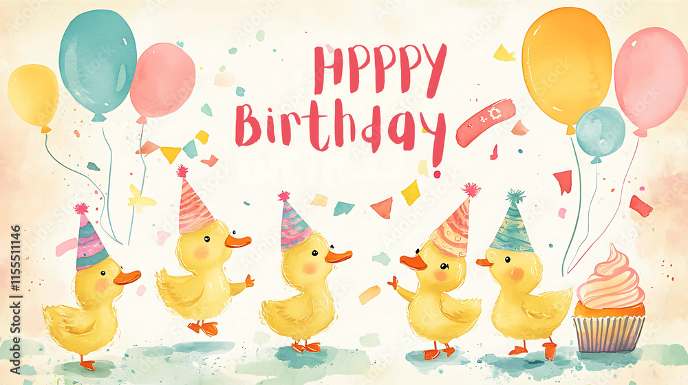 Obraz premium cheerful and colorful birthday greeting card featuring cute little ducks in vibrant party hats , happy birthday card, birthday card concept