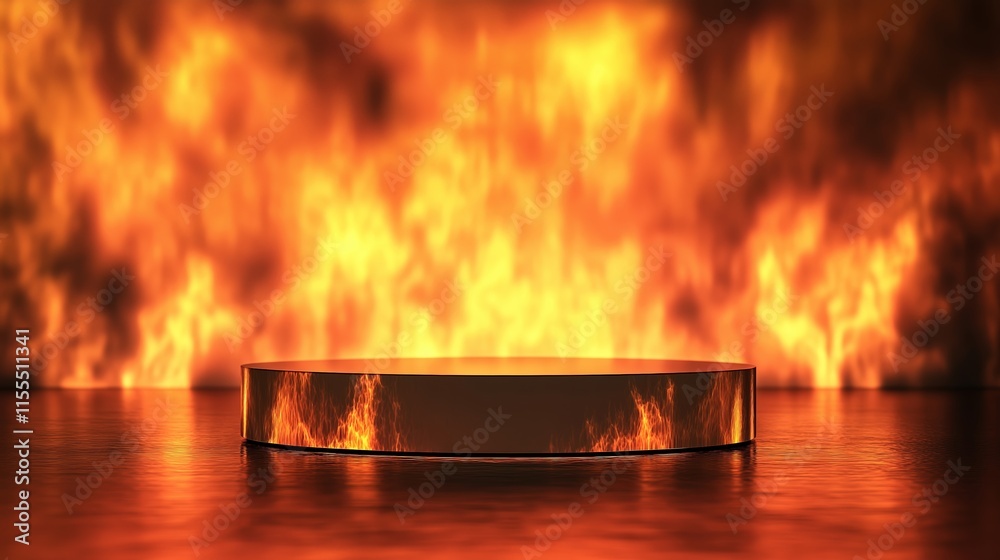 A fire is burning in the background. Background for display your product. Podium mock up for product presentation. A fire is burning in the background. Background for display your product. Podium mock up for product presentation.