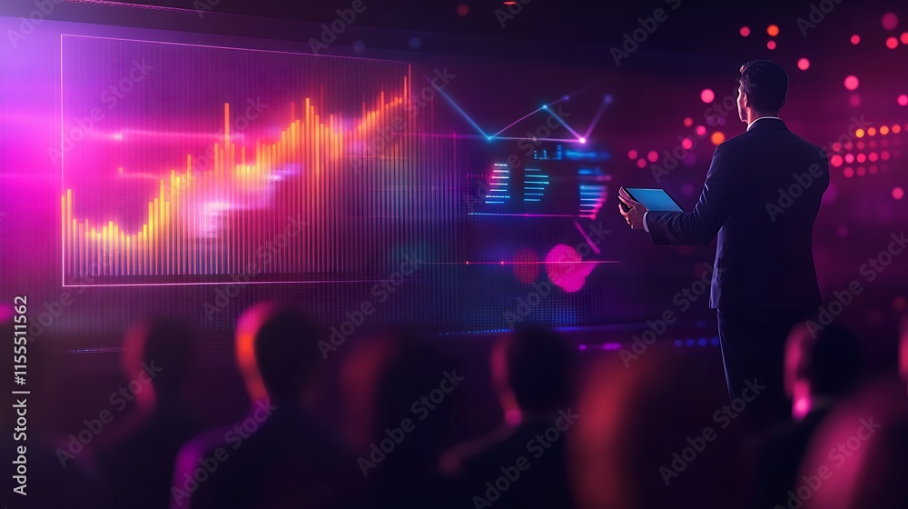 Businessman presenting data analytics to audience. Businessman presenting data analytics to audience.