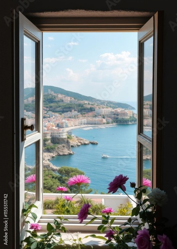 Window view, Mediterranean coastal town, open shutters, blue sea, hillside houses, sunny day, flowering plants on windowsill, picturesque scenery, vacation destination, idyllic landscape, Italian Rivi photo