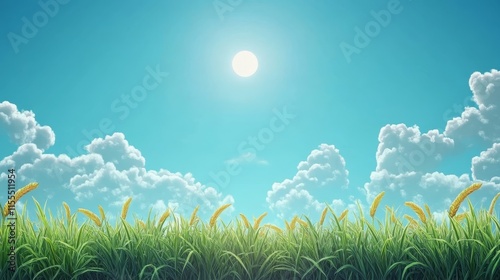 A serene landscape featuring vibrant grass under a bright sun and fluffy clouds.