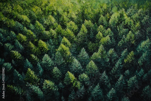 Aerial view of a dense evergreen forest with various shades of green.