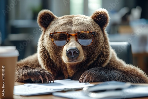 Enraged grizzly bear in tortoiseshell glasses office animal portrait urban setting close-up working concept