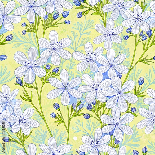 Wallpaper Mural Seamless pattern with delicate blue flowers and leaves on a light yellow background for botanical design Torontodigital.ca