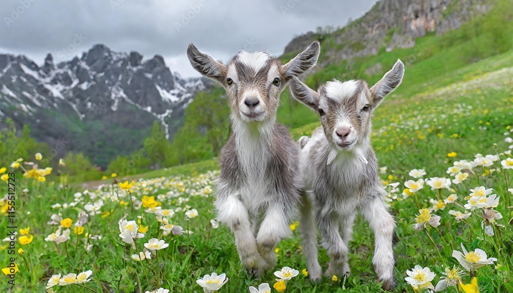 Playful Goat Kids Frolicking in a Green Pasture with Blooming Spring Flowers Playful Goat Kids Frolicking in a Green Pasture with Blooming Spring Flowers
