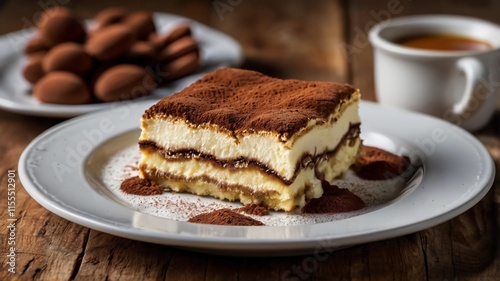 Tiramisu. Traditional italian dessert on white plate, wooden background. Selective focus photo