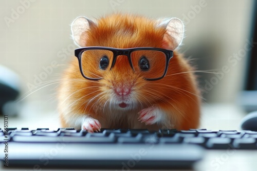Hostile hamster running in wheel at desk working animal fun environment quirky concept