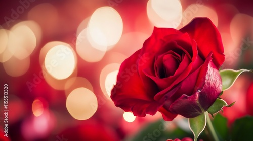 Closeup of a Red Rose with Bokeh Lights Bringing Romantic Ambiance : Generative AI