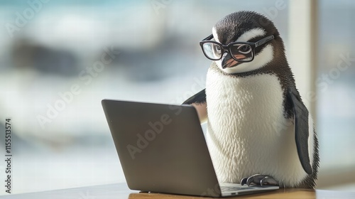 Frustrated penguin working on laptop cozy office digital content modern environment close-up overlooked perspective