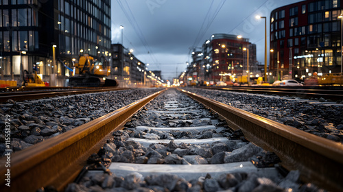 Railway tracks stretch into a city skyline under a moody, twilight sky