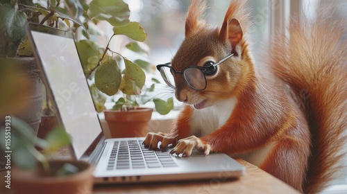 Frustrated squirrel working on laptop in cozy home office environment photo