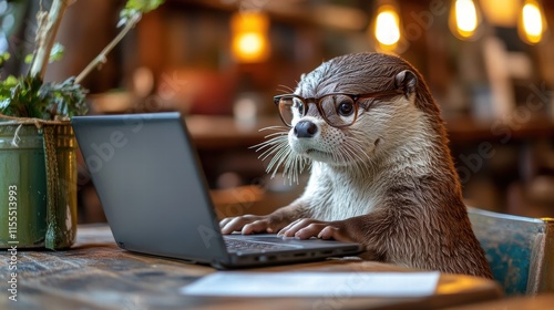 Frustrated otter working on laptop at home office cozy digital art close-up humorous animal struggles