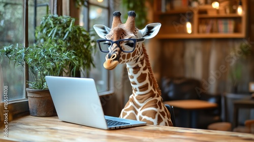 Frustrated giraffe typing on laptop cozy indoor setup humorous digital art close-up whimsical concept