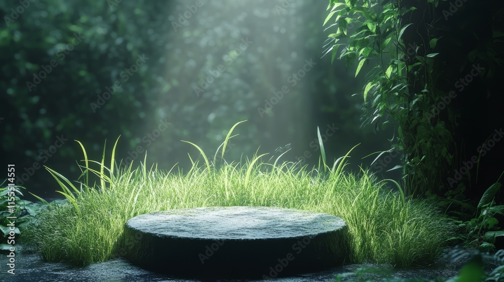 Textured grass podium set in a fantasy forest, glowing softly Textured grass podium set in a fantasy forest, glowing softly