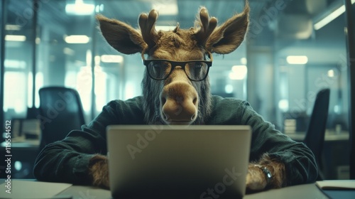 Wallpaper Mural Frustrated moose working on laptop office space digital content modern environment close-up view humorous concept Torontodigital.ca