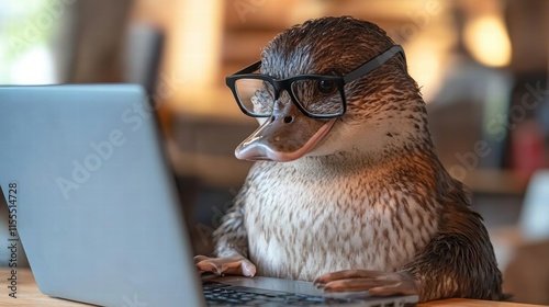 Frustrated platypus typing on laptop in cozy home office quirky digital art close-up of comedic struggle photo