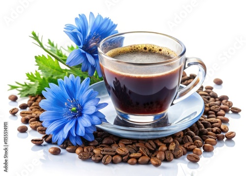 Double Exposure: Chicory Coffee, Blue Flower, Healthy Drink, Decaf, Powder