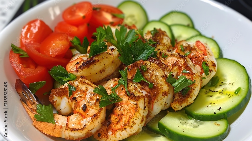 Colorful fresh salad with juicy shrimp, sliced avocado, cucumber, tomato and black pepper on white plate. Healthy and appetizing food on kitchen countertop. Colorful fresh salad with juicy shrimp, sliced avocado, cucumber, tomato and black pepper on white plate. Healthy and appetizing food on kitchen countertop.
