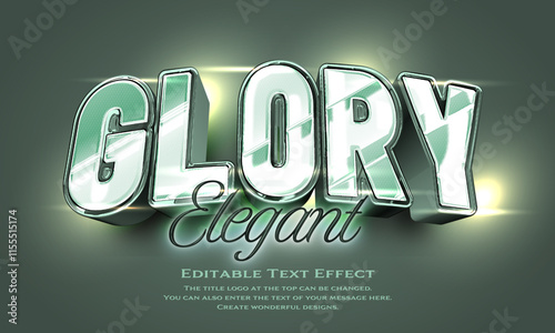 ”Glory Elegant” Editable title logo text style effect in metallic moss green with glossy and luster, sans serif typeface
