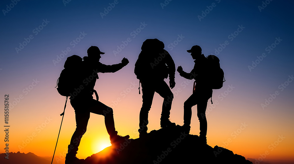 Fototapeta premium Silhouetted climbers on a mountain peak, teamwork, team, work together, business team concept, unity, hiking, helping team, business success, group support, leadership, team building