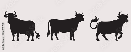 Set of three black cow silhouettes in different stances on a gray background