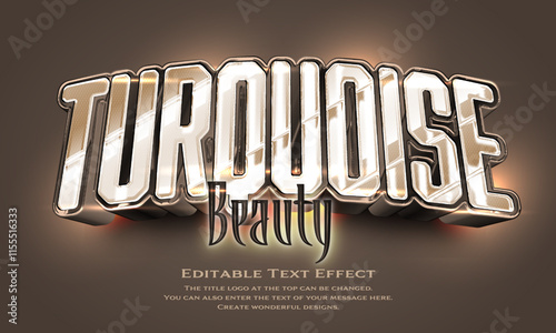 ”Turquoise Beauty” Editable title logo text style effect in metallic reddish antique gold with glossy and luster, sans serif typeface
