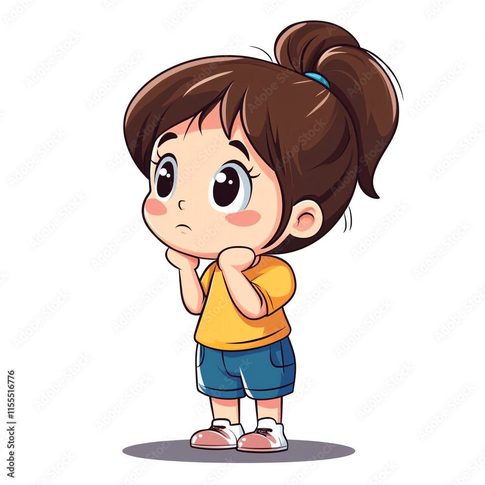 Adorable Girl, Thoughtful Pose, Cartoon Illustration Adorable Girl, Thoughtful Pose, Cartoon Illustration