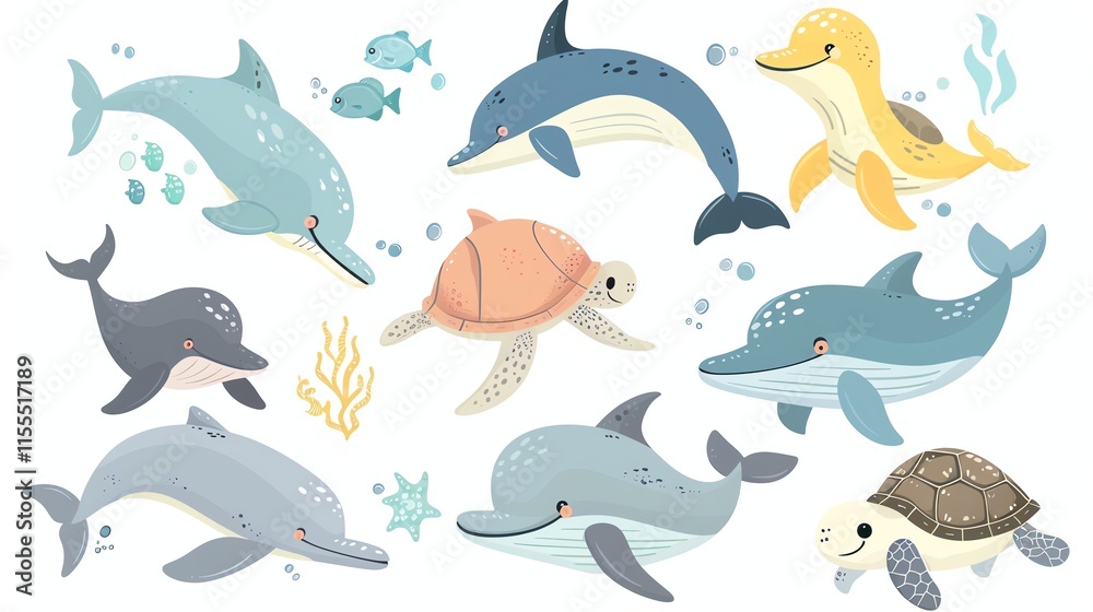 A set of cartoon sea creatures, including dolphins and turtles, against a white background. A set of cartoon sea creatures, including dolphins and turtles, against a white background.