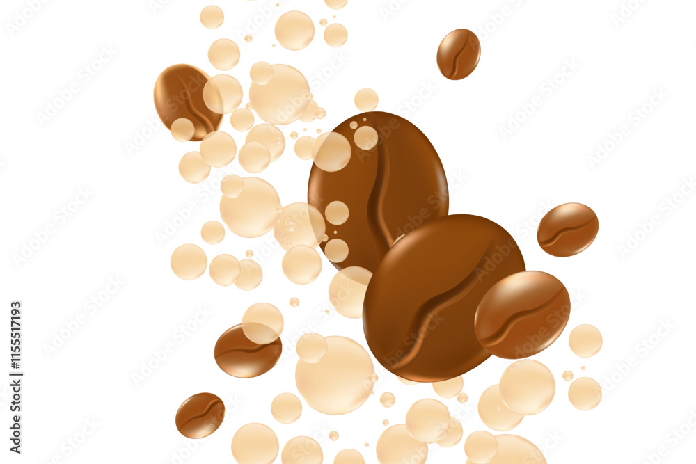 Fototapeta premium Elegant 3D floating coffee beans with fluid milk or cream bubbles splash isolated PNG, transparent background. Liquid coffee decoration for menu, coffee shop poster ads, infographic, commercial banner